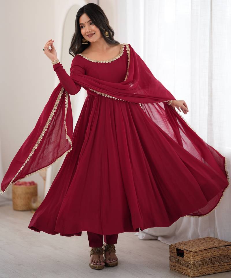 Maroon heavy pure mal chanderi anarkali gown set with mirror lace dupatta & pants