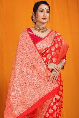Red banarasi silk blend saree with rich gold zari weaving & brocade pallu 4