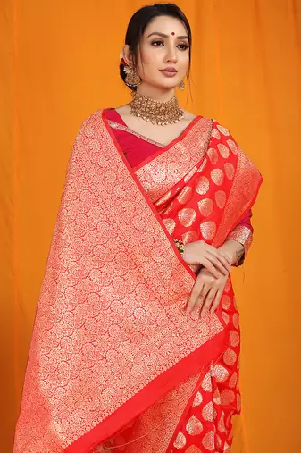 Red banarasi silk blend saree with rich gold zari weaving & brocade pallu