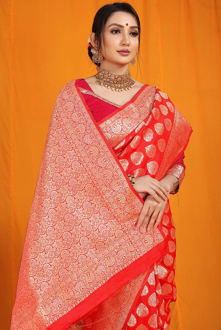 Red banarasi silk blend saree with rich gold zari weaving & brocade pallu