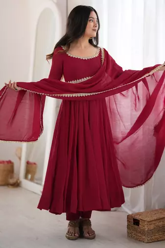 Maroon heavy pure mal chanderi anarkali gown set with mirror lace dupatta & pants
