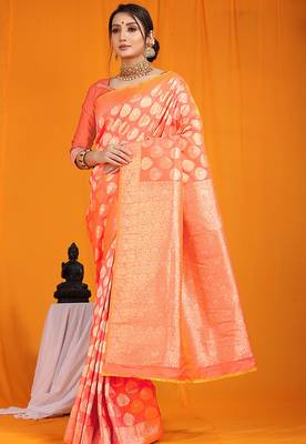 Peach banarasi silk blend saree with rich gold zari weaving & brocade pallu 1
