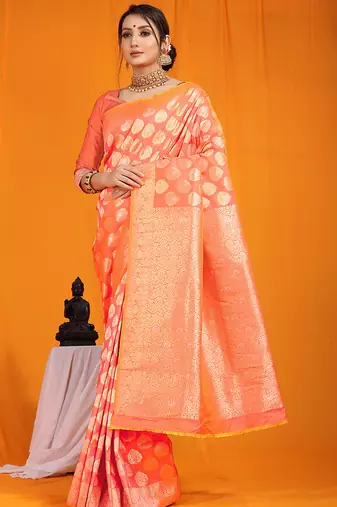 Peach banarasi silk blend saree with rich gold zari weaving & brocade pallu