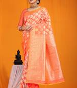 Peach banarasi silk blend saree with rich gold zari weaving & brocade pallu