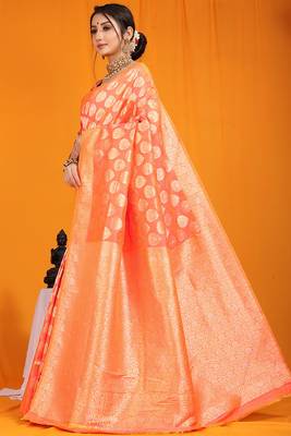 Peach banarasi silk blend saree with rich gold zari weaving & brocade pallu 2
