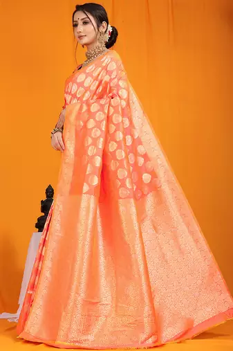 Peach banarasi silk blend saree with rich gold zari weaving & brocade pallu