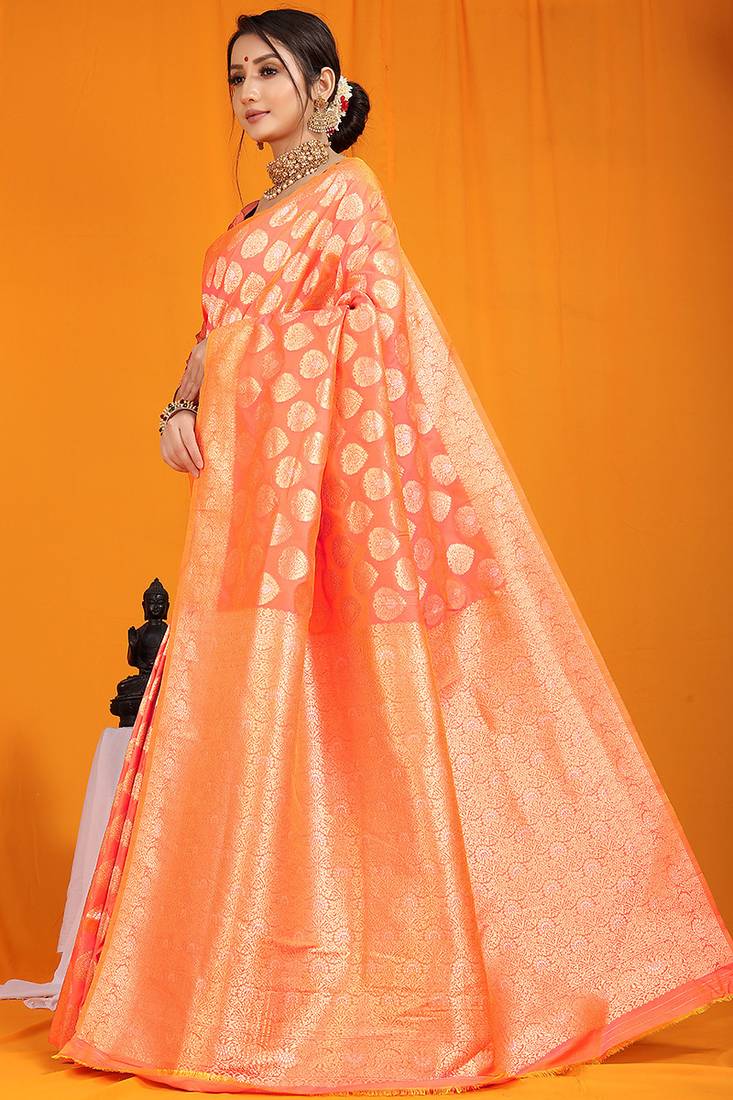 Peach banarasi silk blend saree with rich gold zari weaving & brocade pallu
