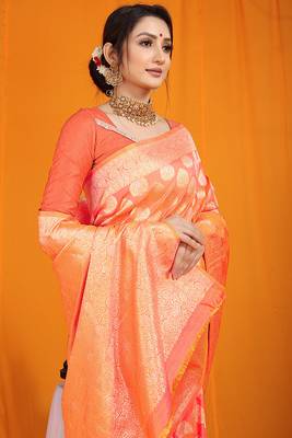 Peach banarasi silk blend saree with rich gold zari weaving & brocade pallu 4
