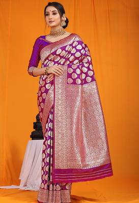 Purple banarasi silk blend saree with rich gold zari weaving & brocade pallu 1