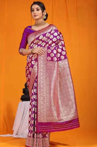 Purple banarasi silk blend saree with rich gold zari weaving & brocade pallu