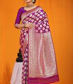 Purple banarasi silk blend saree with rich gold zari weaving & brocade pallu
