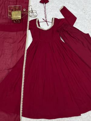Maroon heavy pure mal chanderi anarkali gown set with mirror lace dupatta & pants 5