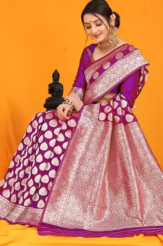 Purple banarasi silk blend saree with rich gold zari weaving & brocade pallu