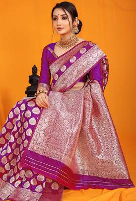 Purple banarasi silk blend saree with rich gold zari weaving & brocade pallu 3
