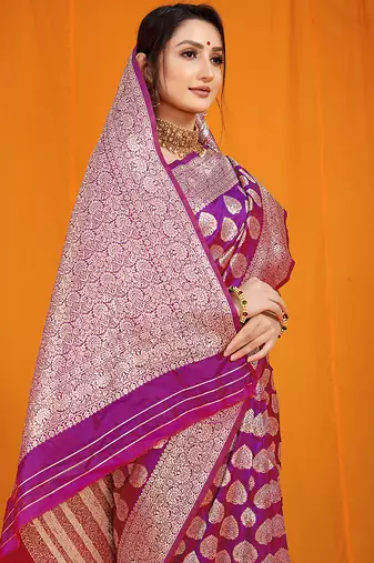 Purple banarasi silk blend saree with rich gold zari weaving & brocade pallu
