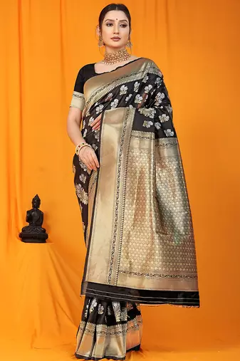 Black banarasi silk blend saree with zari floral weaving & rich pallu