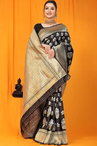 Black banarasi silk blend saree with zari floral weaving & rich pallu