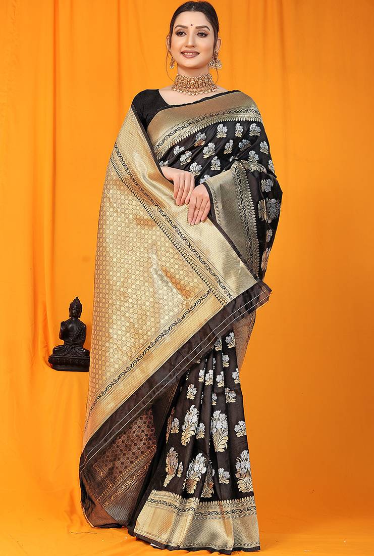 Black banarasi silk blend saree with zari floral weaving & rich pallu