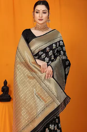 Black banarasi silk blend saree with zari floral weaving & rich pallu