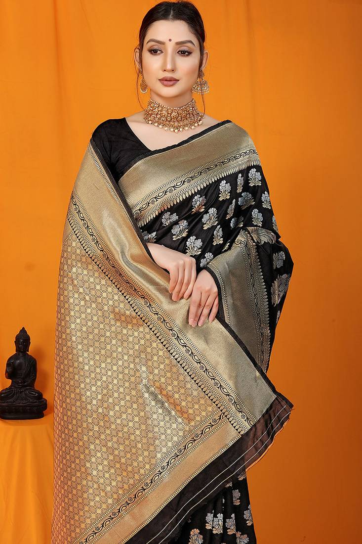 Black banarasi silk blend saree with zari floral weaving & rich pallu