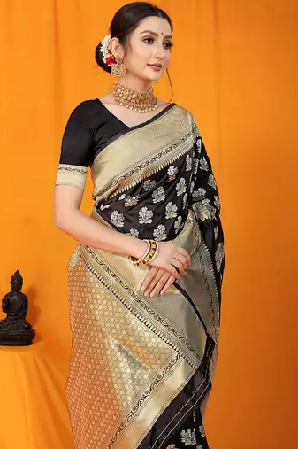 Black banarasi silk blend saree with zari floral weaving & rich pallu