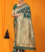 Bottle green banarasi silk blend saree with zari floral weaving & rich pallu