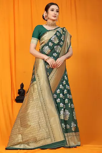 Bottle green banarasi silk blend saree with zari floral weaving & rich pallu