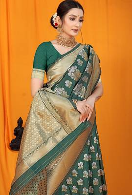 Bottle green banarasi silk blend saree with zari floral weaving & rich pallu 3