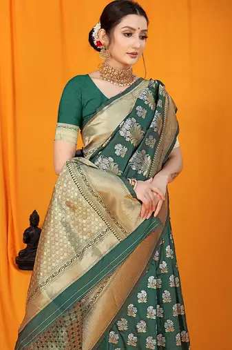 Bottle green banarasi silk blend saree with zari floral weaving & rich pallu
