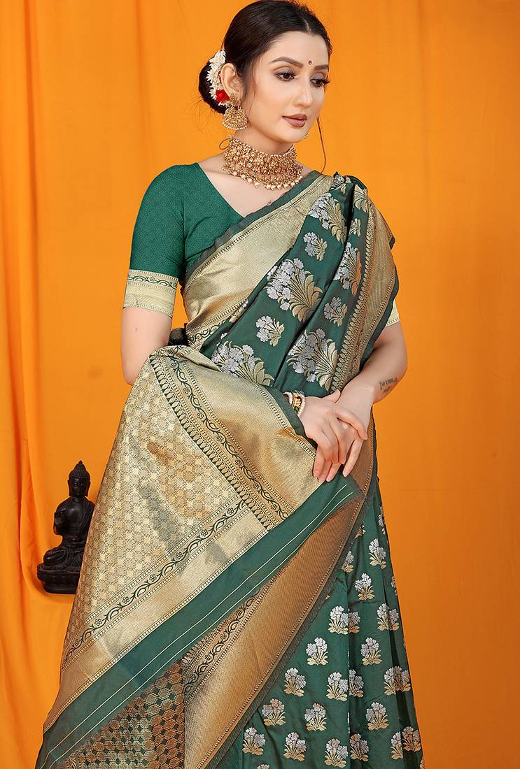 Bottle green banarasi silk blend saree with zari floral weaving & rich pallu