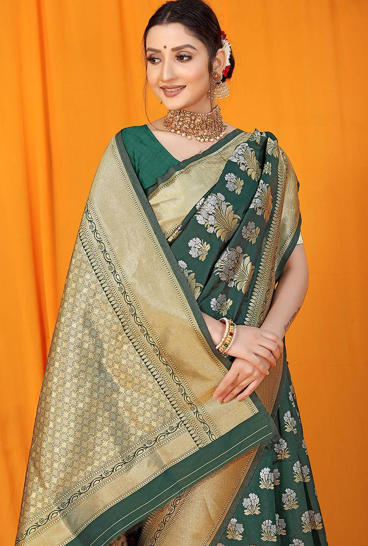 Bottle green banarasi silk blend saree with zari floral weaving & rich pallu