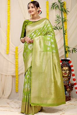 Lime green banarasi silk blend saree with zari floral weaving & rich pallu 1