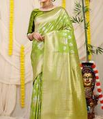 Lime green banarasi silk blend saree with zari floral weaving & rich pallu