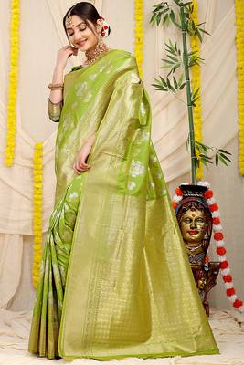 Lime green banarasi silk blend saree with zari floral weaving & rich pallu 2