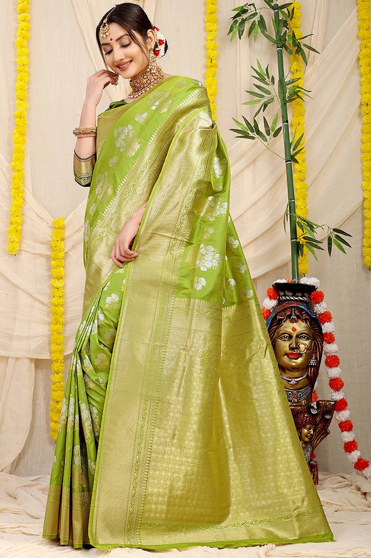 Lime green banarasi silk blend saree with zari floral weaving & rich pallu
