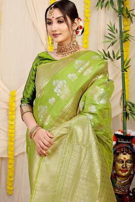 Lime green banarasi silk blend saree with zari floral weaving & rich pallu 3