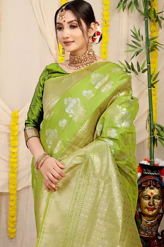 Lime green banarasi silk blend saree with zari floral weaving & rich pallu