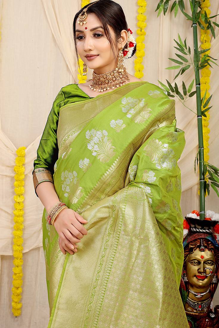 Lime green banarasi silk blend saree with zari floral weaving & rich pallu