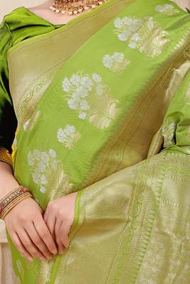 Lime green banarasi silk blend saree with zari floral weaving & rich pallu 4