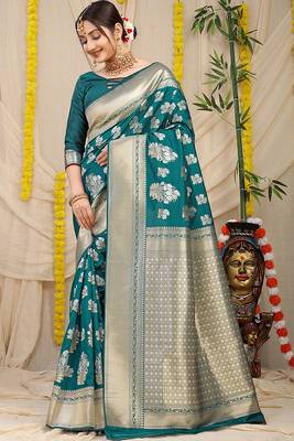 Teal banarasi silk blend saree with zari floral weaving & rich pallu 1