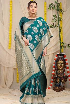 Teal banarasi silk blend saree with zari floral weaving & rich pallu 2
