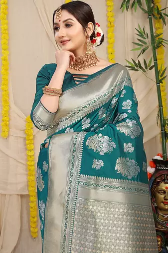 Teal banarasi silk blend saree with zari floral weaving & rich pallu