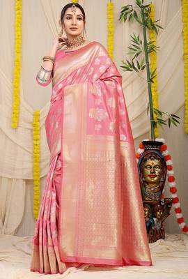 Baby pink banarasi silk blend saree with zari floral weaving & rich pallu 1