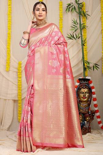 Baby pink banarasi silk blend saree with zari floral weaving & rich pallu