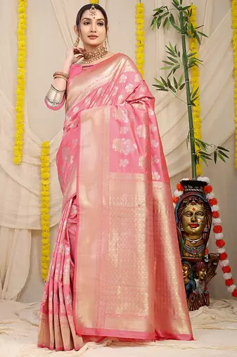 Baby pink banarasi silk blend saree with zari floral weaving & rich pallu