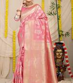 Baby pink banarasi silk blend saree with zari floral weaving & rich pallu