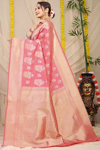 Baby pink banarasi silk blend saree with zari floral weaving & rich pallu