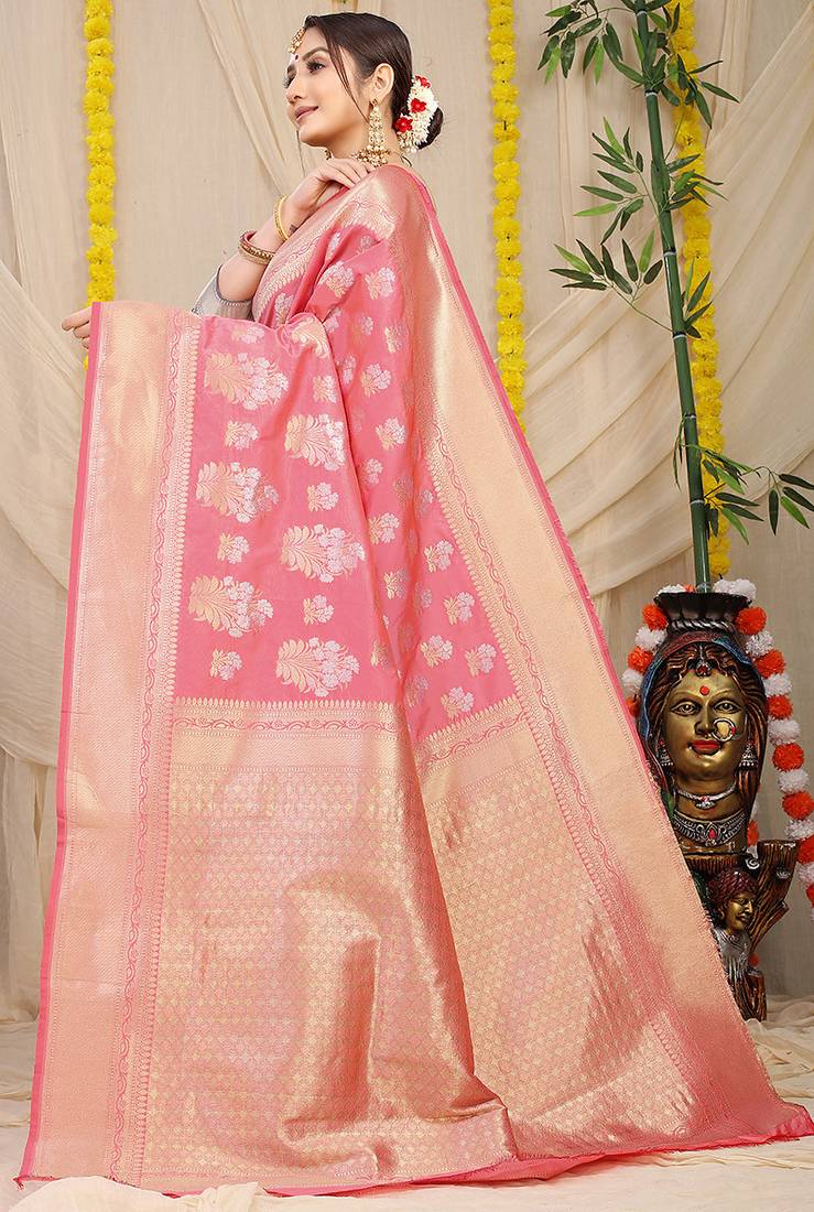 Baby pink banarasi silk blend saree with zari floral weaving & rich pallu