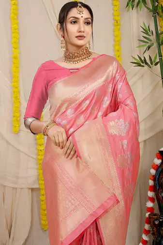 Baby pink banarasi silk blend saree with zari floral weaving & rich pallu
