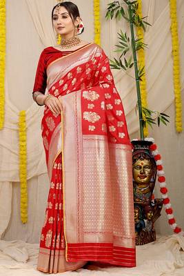 Red banarasi silk blend saree with zari floral weaving & rich pallu 1